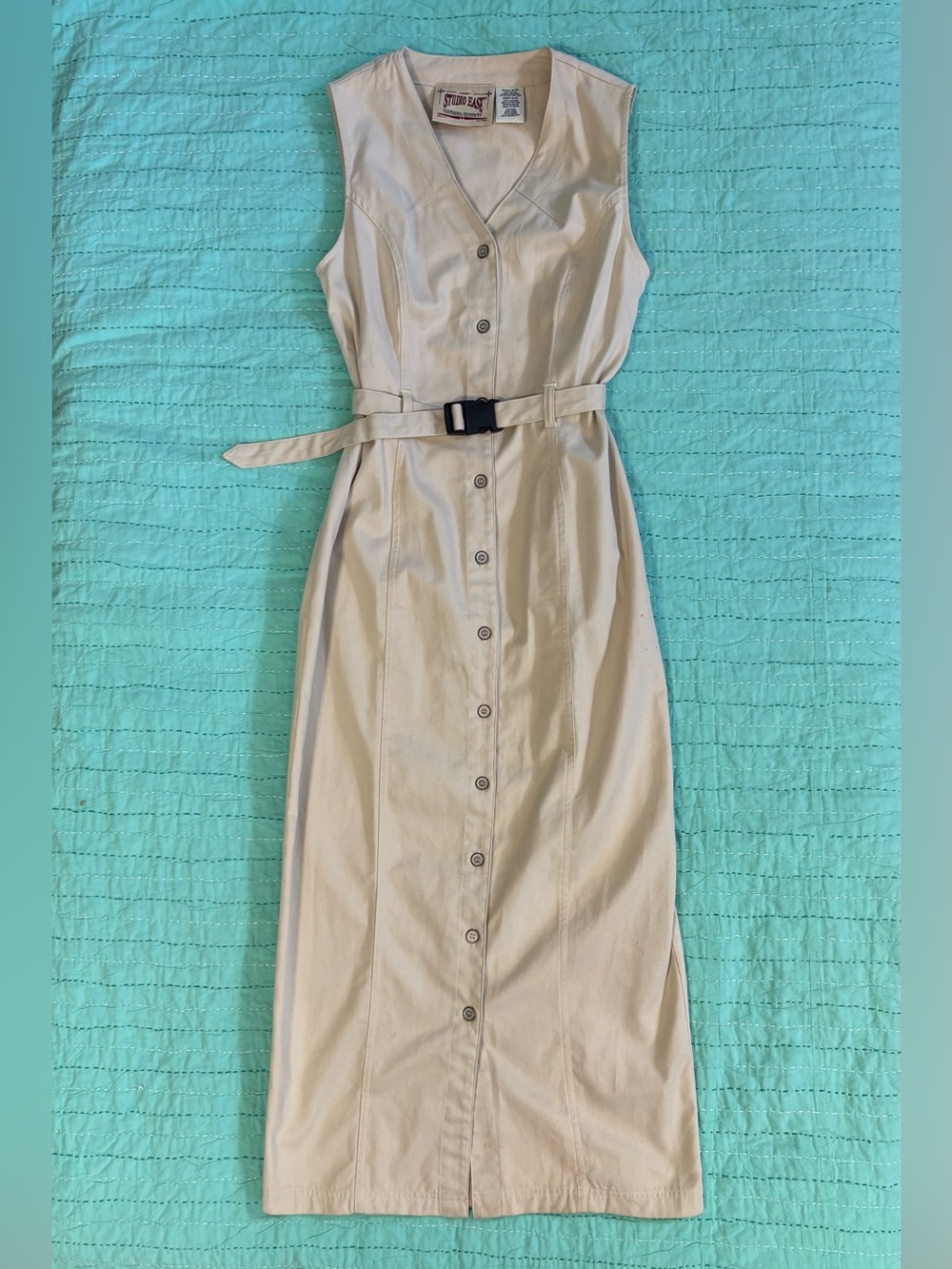 Studio Ease Cream 100% Cotton Button Front Sleeveless Dress Belted Size 4/6